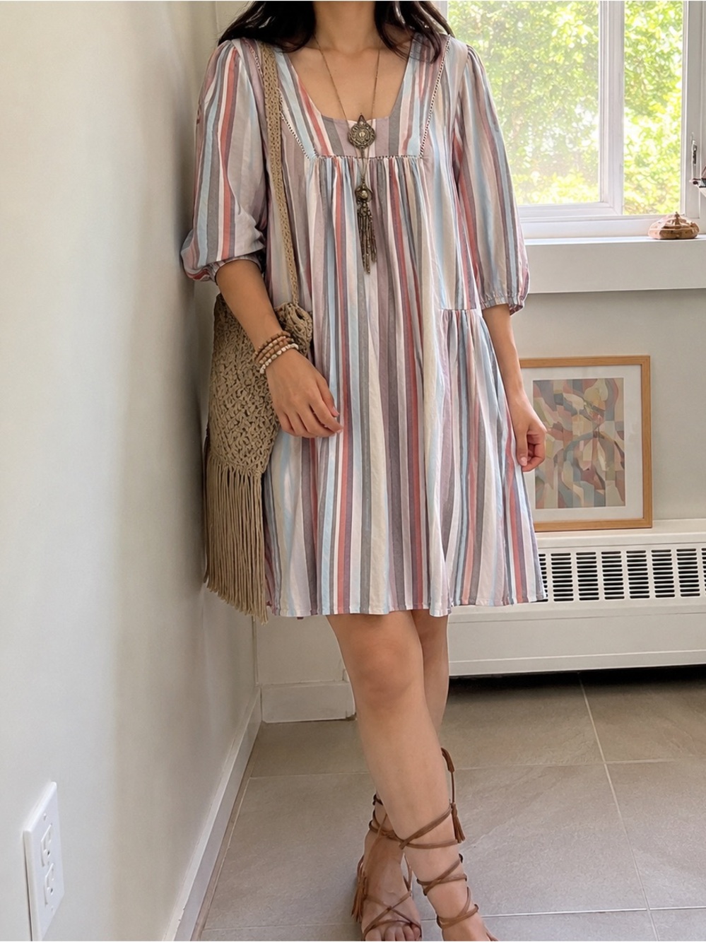 Pastel Striped Babydoll Mini Dress Hippie Dress